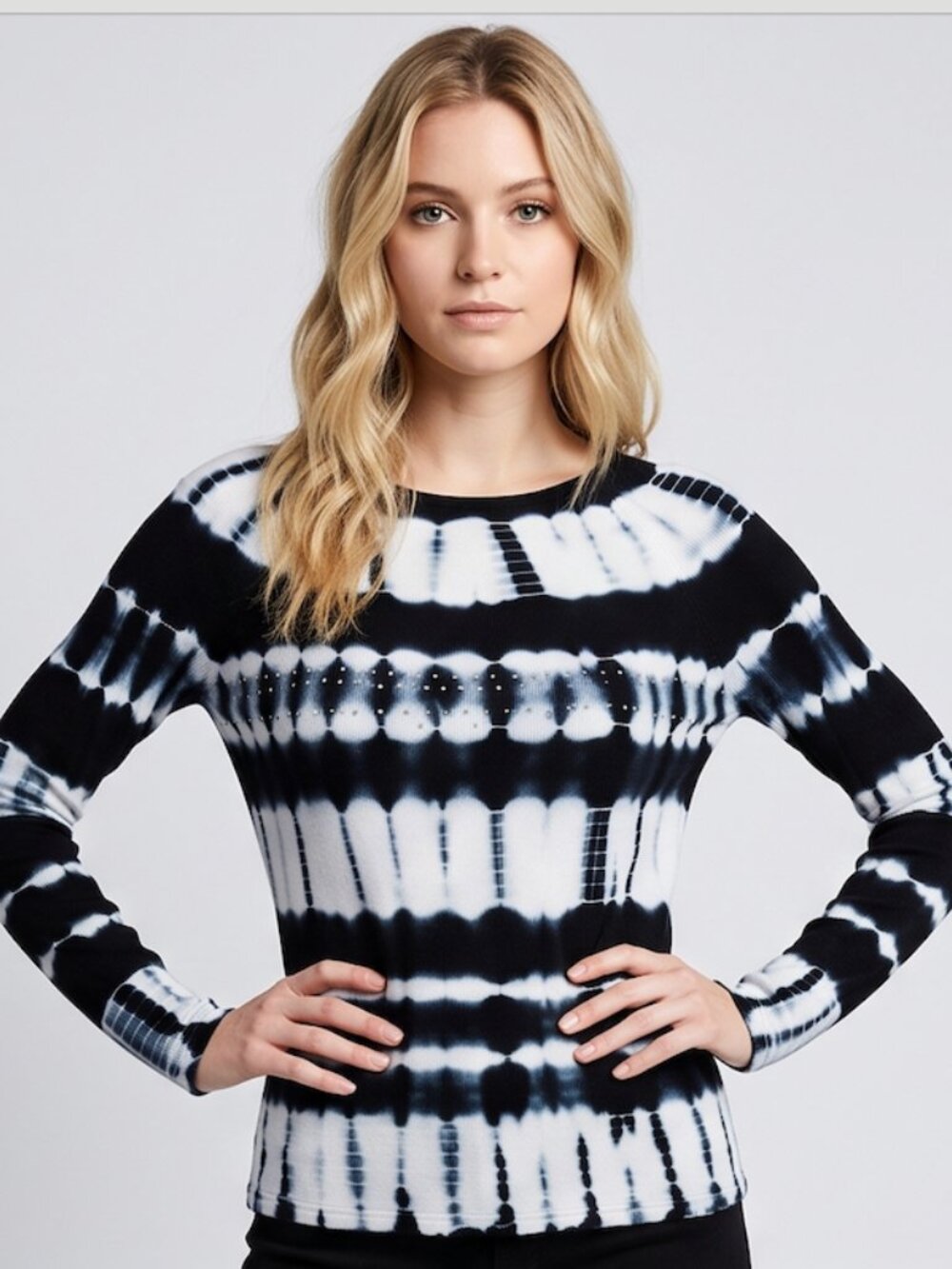 Dark Navy Shibori Tie-Dye Ribbed Knit Top – Silver Studded Long Sleeve